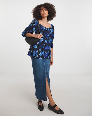 Blue Floral Pleated Front Top