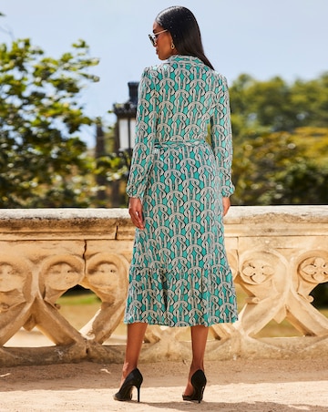 Sosandar Green Chain Print Jersey Ruffle Hem Midi Shirt Dress