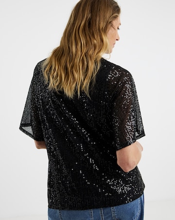 Sequin V-Neck Angel Sleeve Top