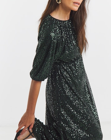 Linear Sequin Puff Sleeve Midi Dress