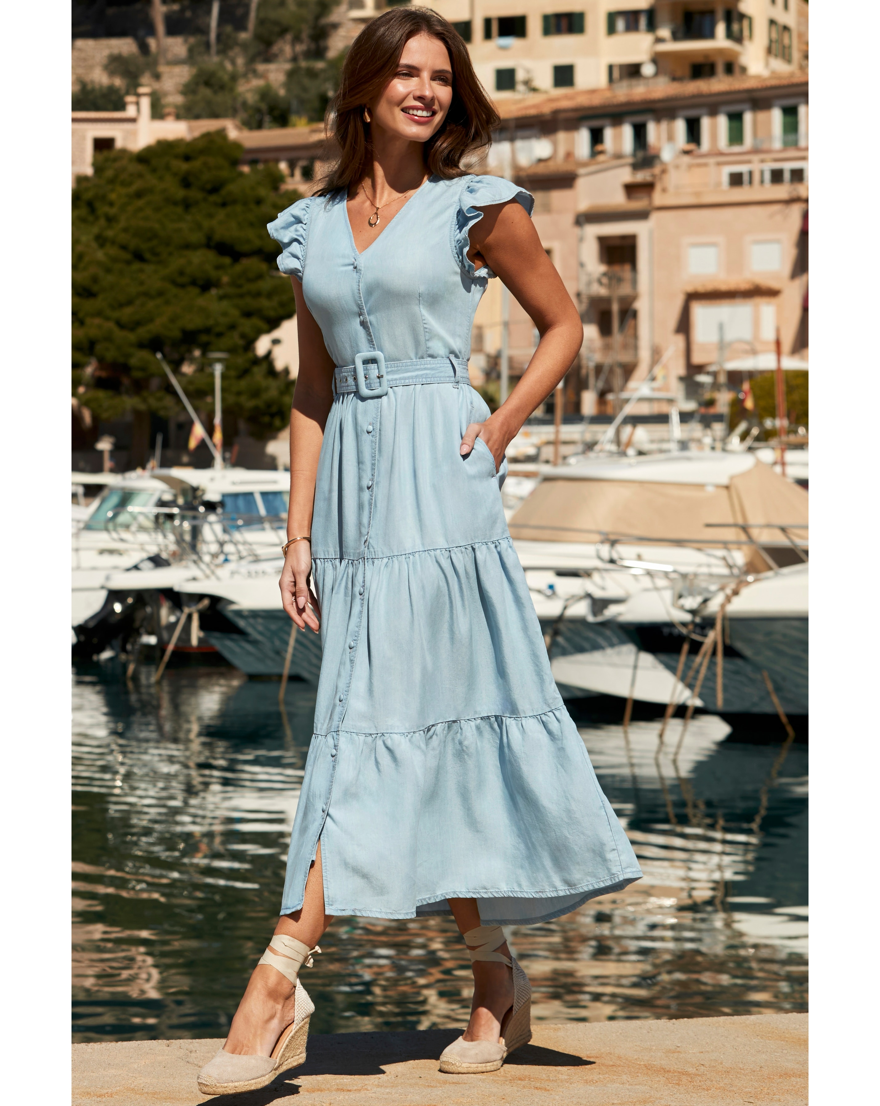 Sosandar Belted Ruffle Front Linen Dress | JD Williams