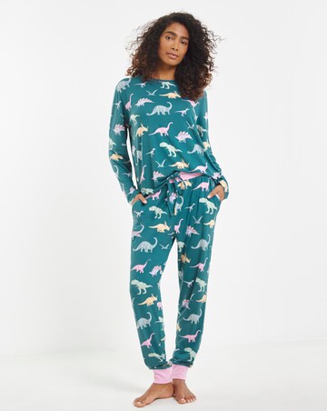 Chelsea Peers Jersey Ditsy Dinosaur Print Crew Pyjama Set
