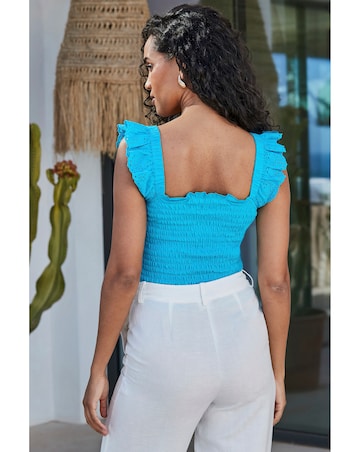 Sosandar Turquoise Shirred Detail Broderie Sleeve Cotton Top