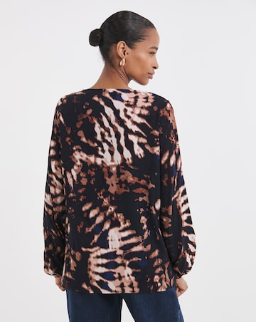 Crew Neck Balloon Sleeve Top - Abstract Print