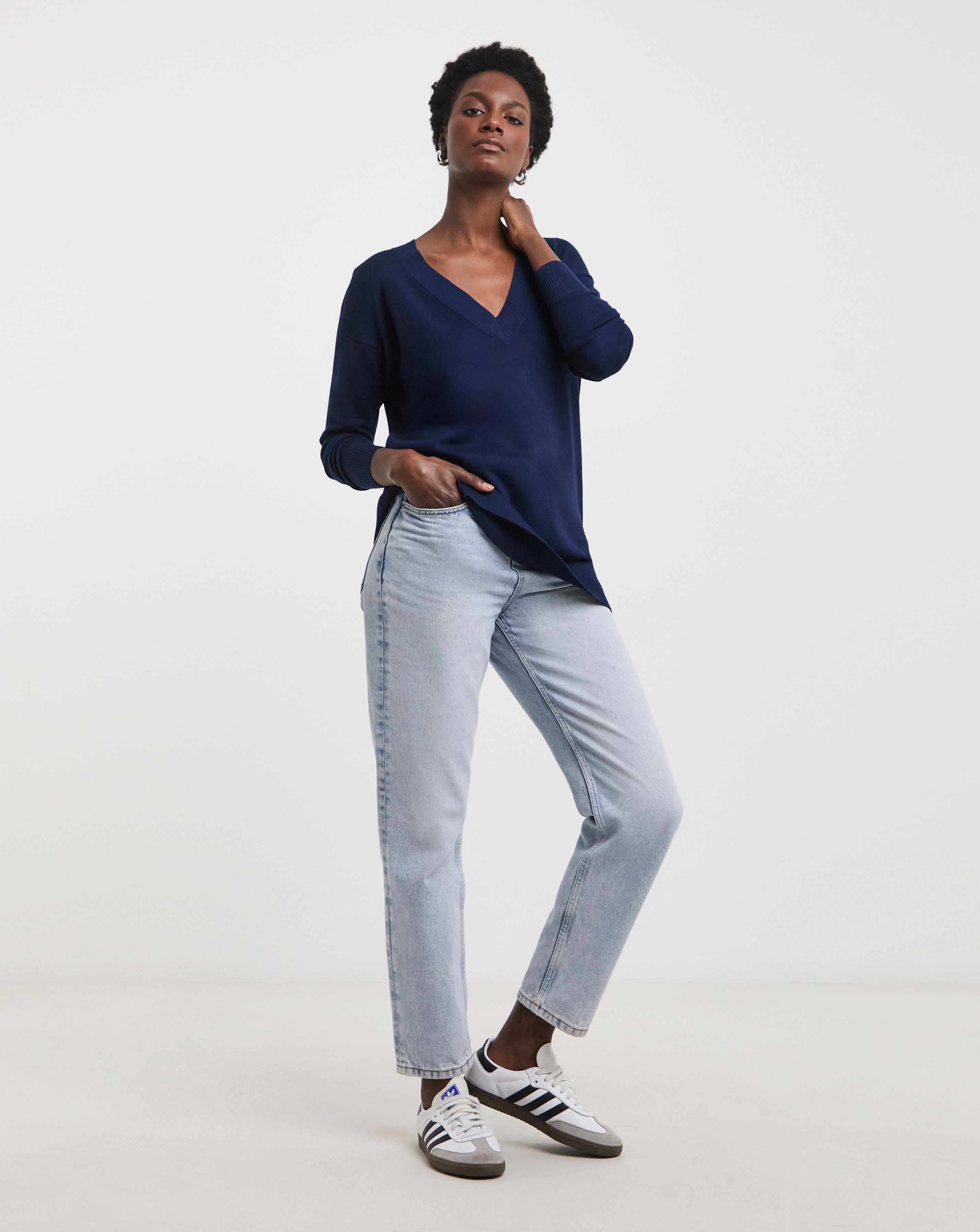 Fine Knit Navy V Neck Slouchy Tunic | JD Williams Fine Knit Navy V Neck Slouchy Tunic | JD Williams
