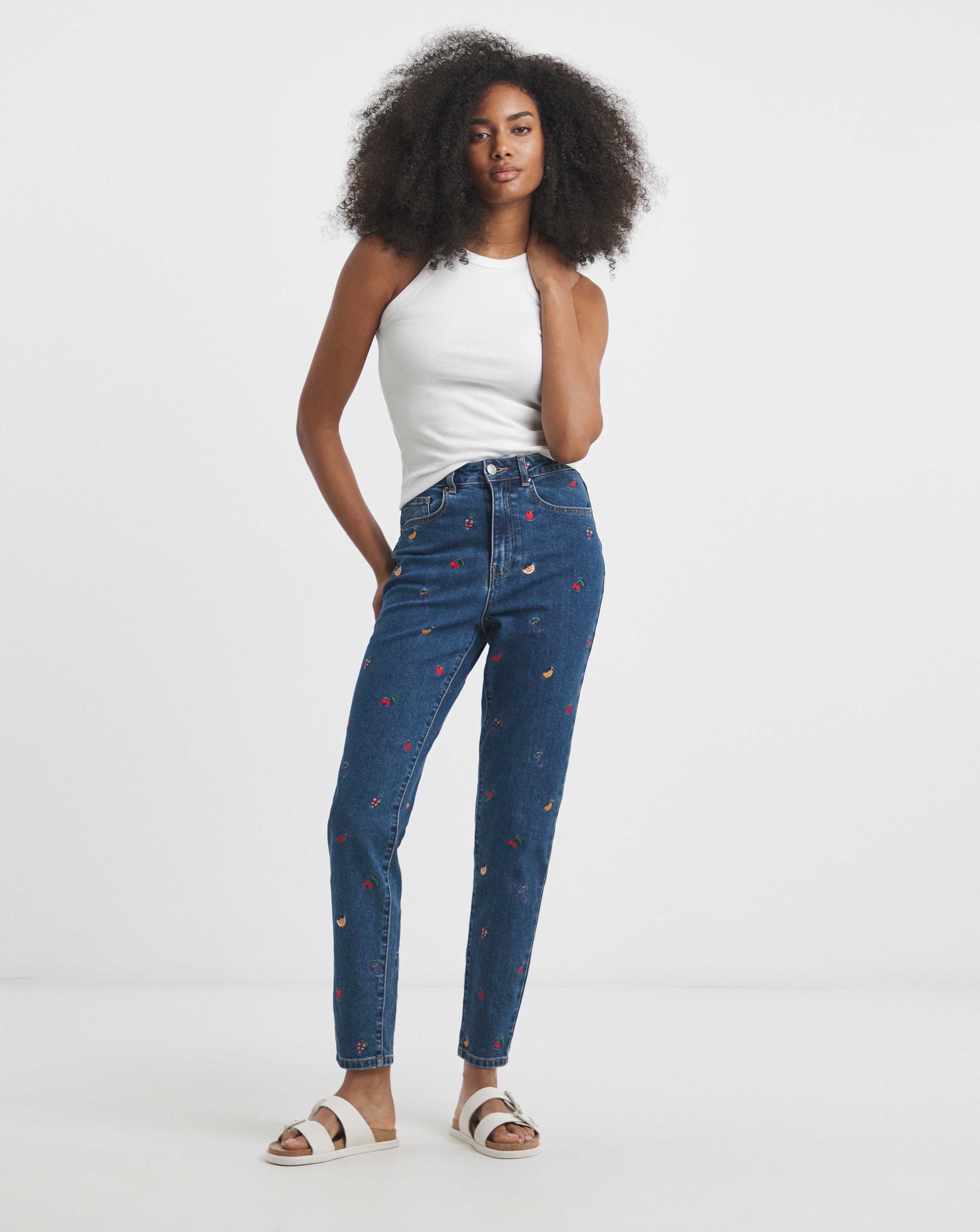 Simply Be Indigo Fruit Salad Embroidered Mom Jeans | JD Williams
