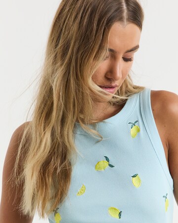 Simply Be Blue Ribbed Lemon Embroidery High Neck Tank