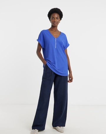 Textured V-Neck Zip Front Longline Top