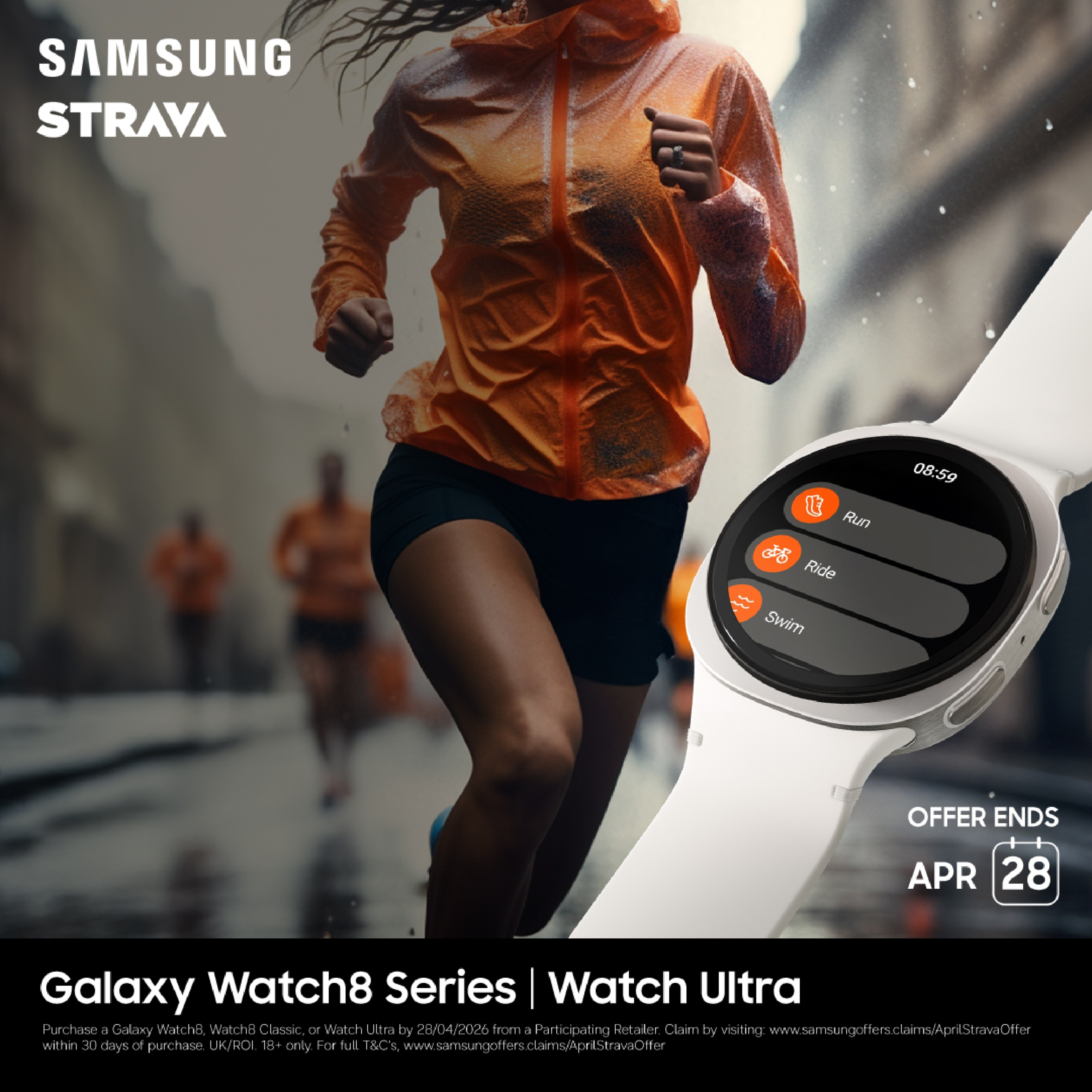 A close-up of the Samsung Galaxy Watch 8 with a white strap, showing its interface.