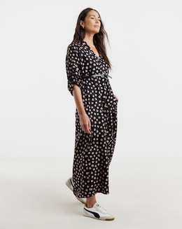 Collarless Placket 3/4 Sleeve Smock Dress