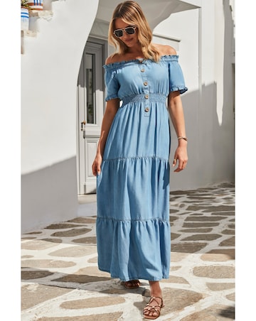 Sosandar Denim Shirred Waist Bardot Fit and Flare Maxi Dress
