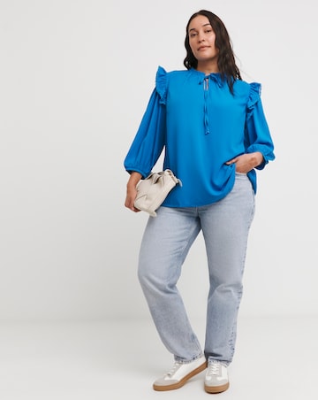 Blue Lace Trim Tie Neck Blouse