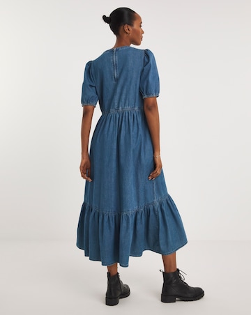 Mid Blue Denim Tiered Midaxi Dress