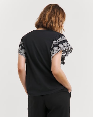 Black Broderie Contrast Sleeve V Neck Top