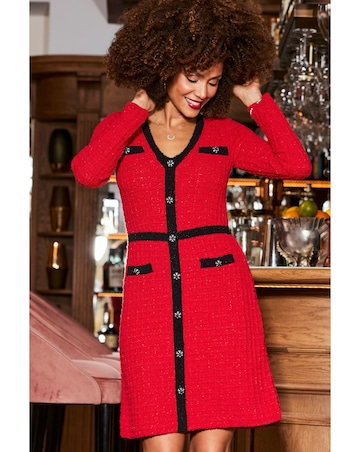 Sosandar Red Tweedy Knit Button Shift Dress