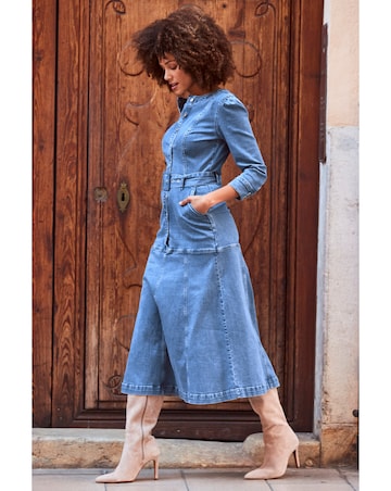 Sosandar Mid Blue Ruched Waist Popper Front Denim Dress
