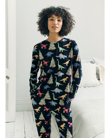 Chelsea Peers Jersey Crew Neck Christmas Dinosaur Print Pyjama Set
