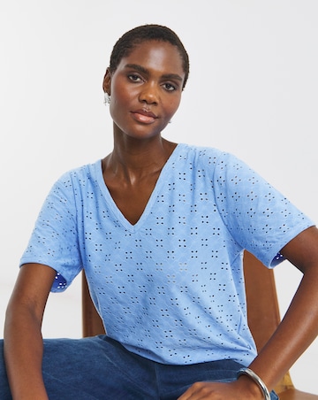Blue V-Neck Broderie T-Shirt