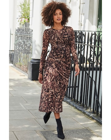 Sosandar Leopard Mesh Ruched Midi Dress