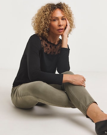 Black Floral Short Sleeve Flock Mesh Button Back Detail Top