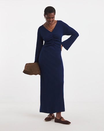 V Neck Long Sleeve Ruched Rib Dress