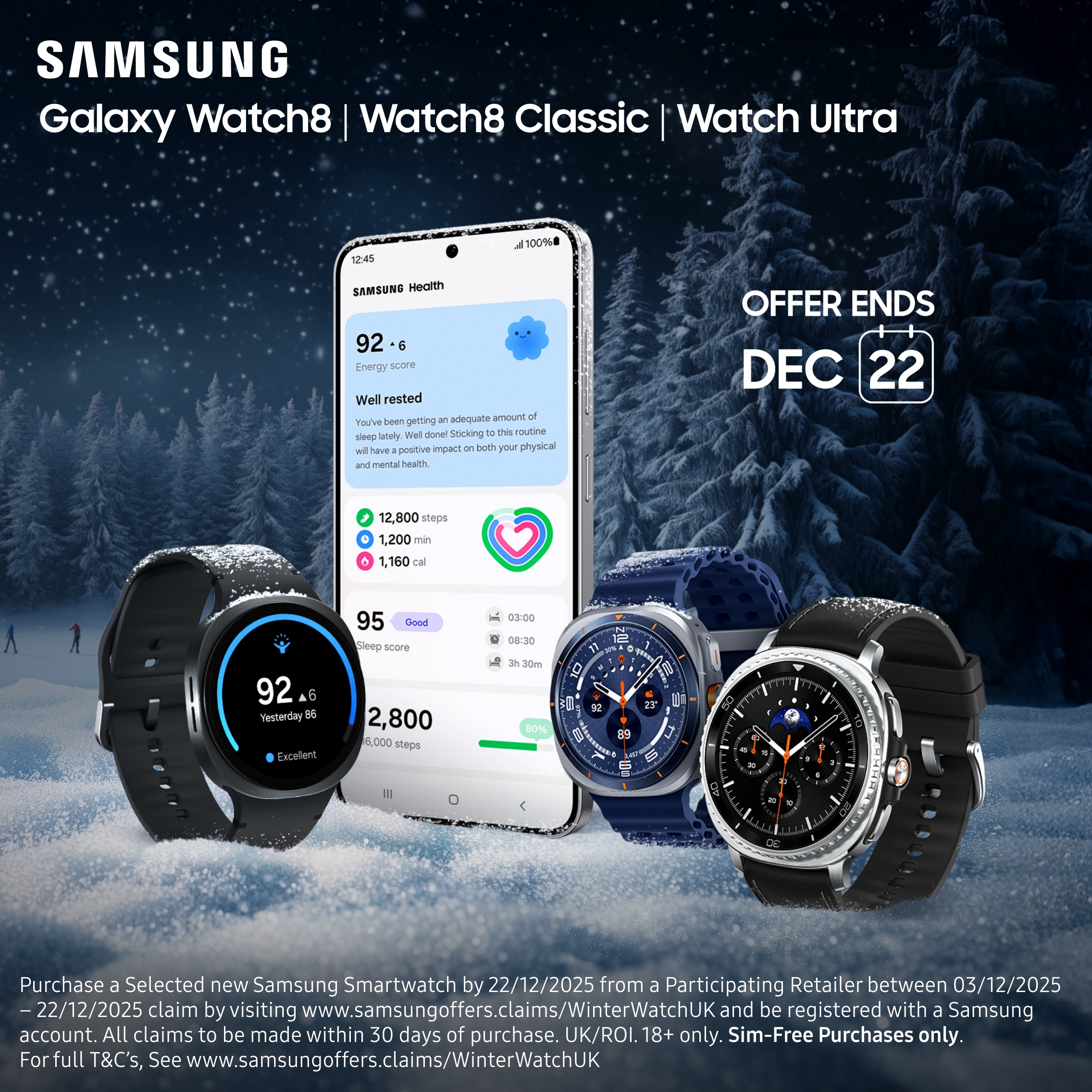 Samsung Galaxy Watch 8 Family: Winter Forest Promo With Health, Fitness Tracking and Smartwatch Features