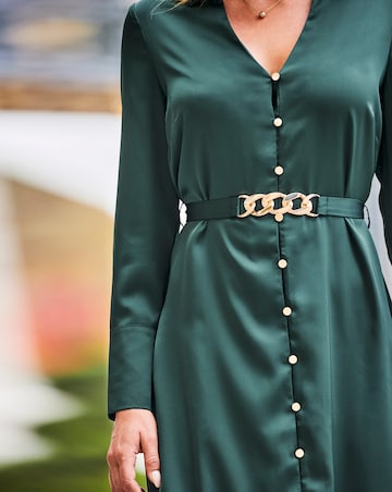 Sosandar Green Satin Shirt Dress With Luxe Gold Belt