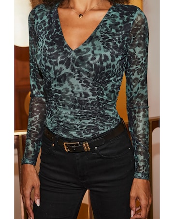 Sosandar Green Animal Mesh V Neck Top