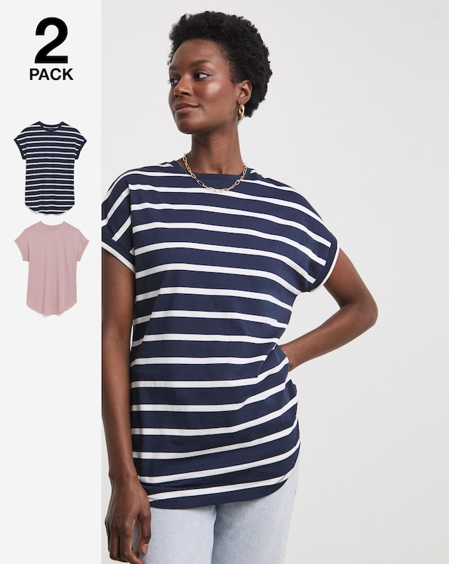 Pure Cotton 2 Pack Short Sleeve Curved Hem Longline top