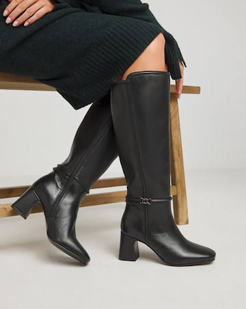 Lainey Leather Knee High Heeled Boots with Trim - Wide Fit (E) & Curvy Calf