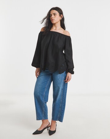Black Cutwork Linen Blend Bardot