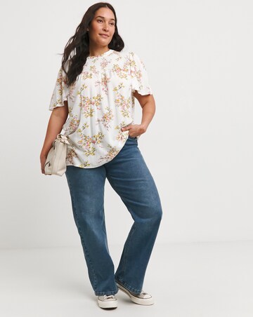 Multi Floral Shirred Yoke Top With Fluted Sleeve