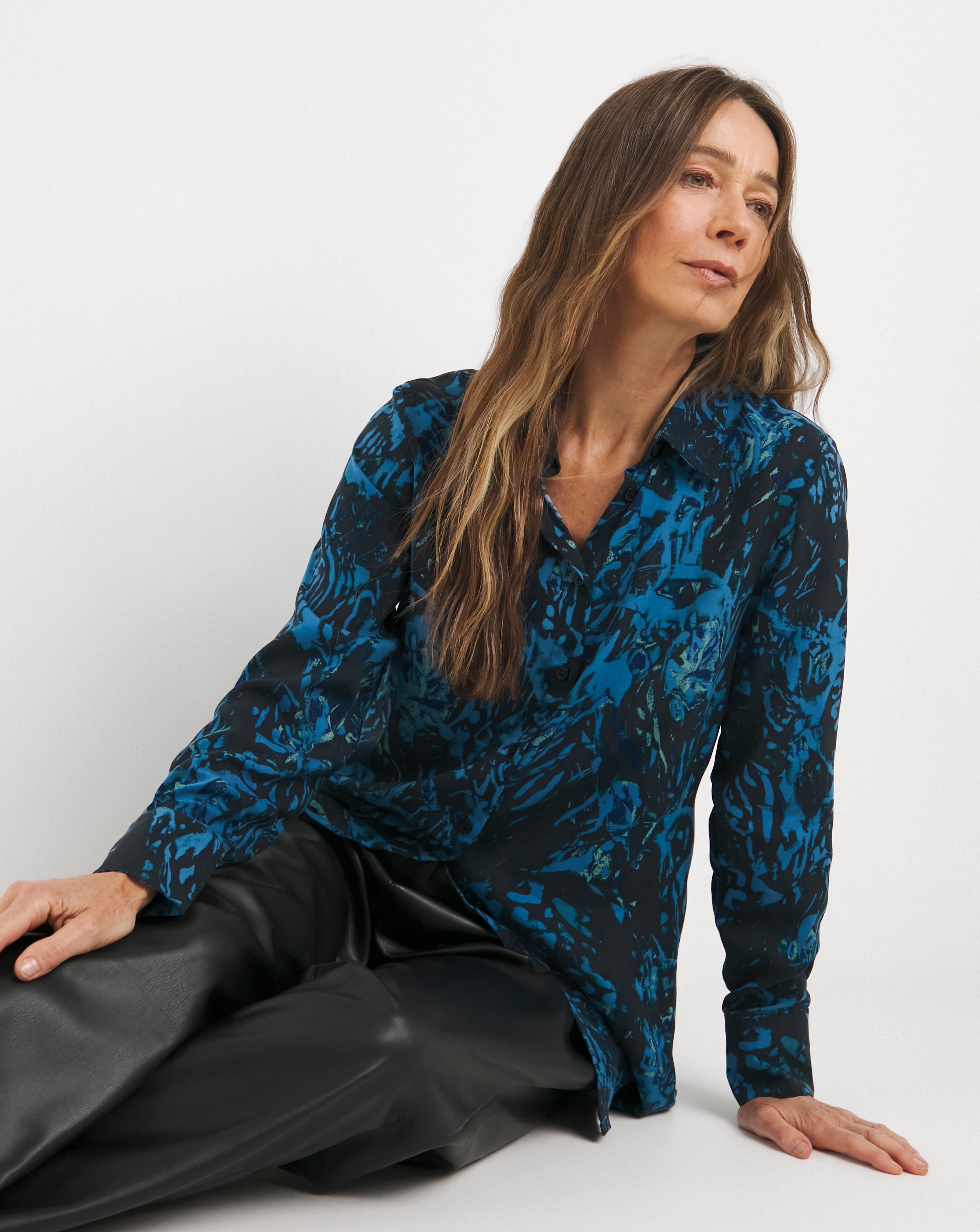 Womens Viscose Dipped Back Long Sleeve Shirt - Blue Abstract | JD