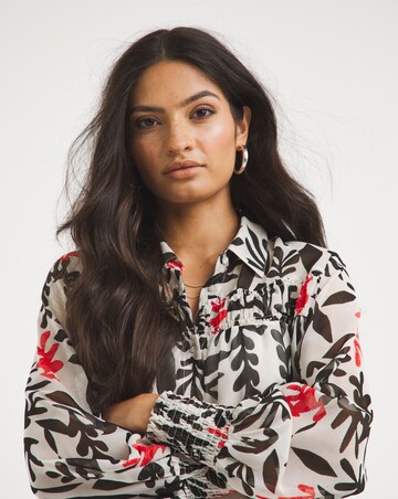 Black Print Sheer Shirred Detail Shirt With Cami