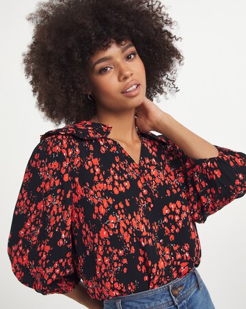 Red Animal Print V Neck Statement Collar Shirt