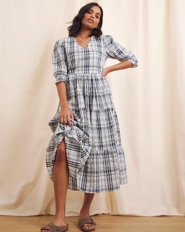 Anise Check Seersucker Erica V Neck Tiered Midi Dress