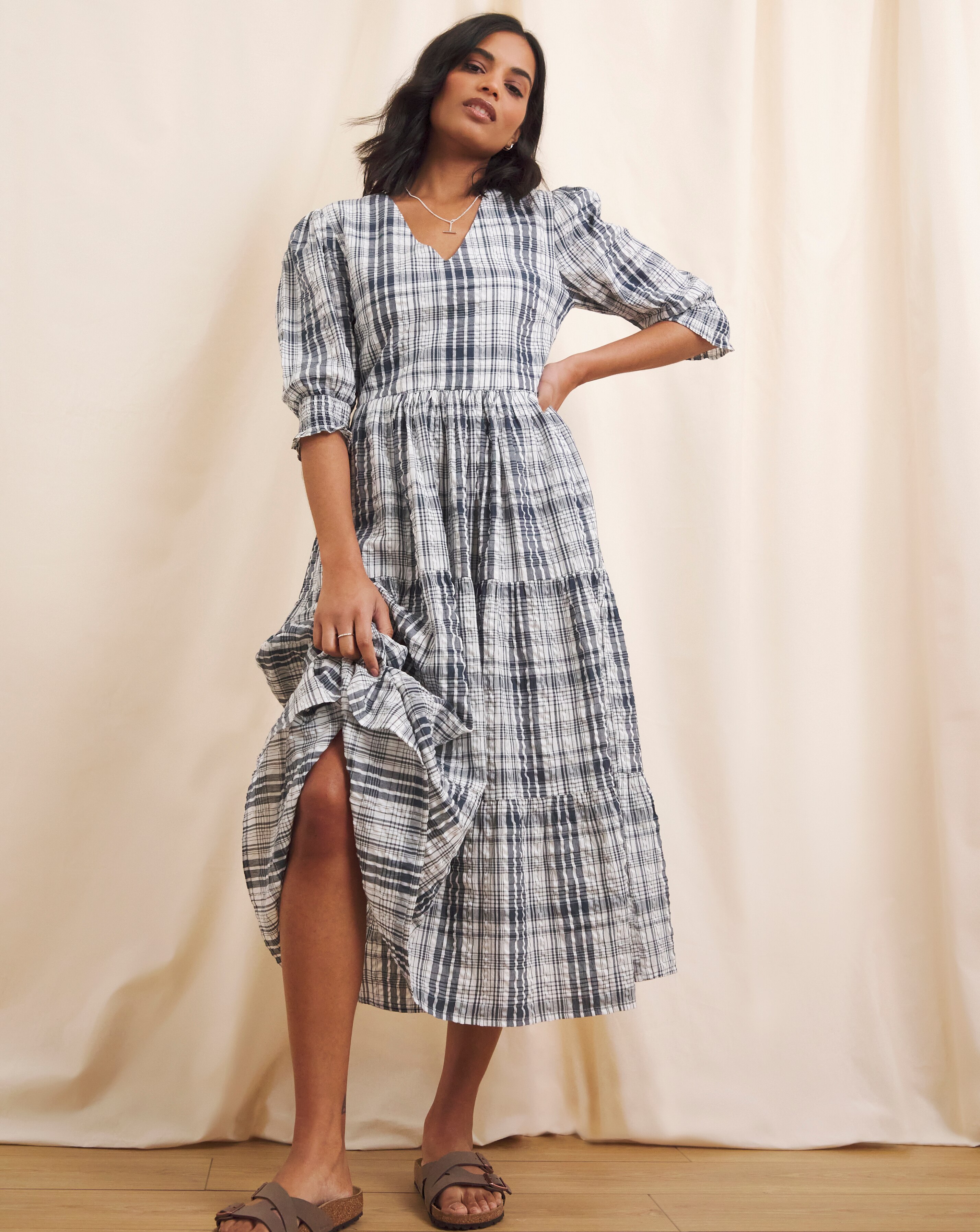 Anise Check Seersucker Erica V Neck Tiered Midi Dress