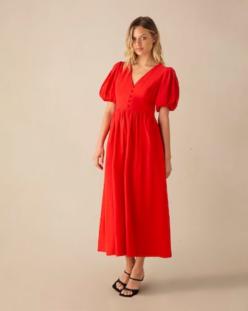 Ro&Zo Linen Blend Puff Sleeve V Neck Midi Dress
