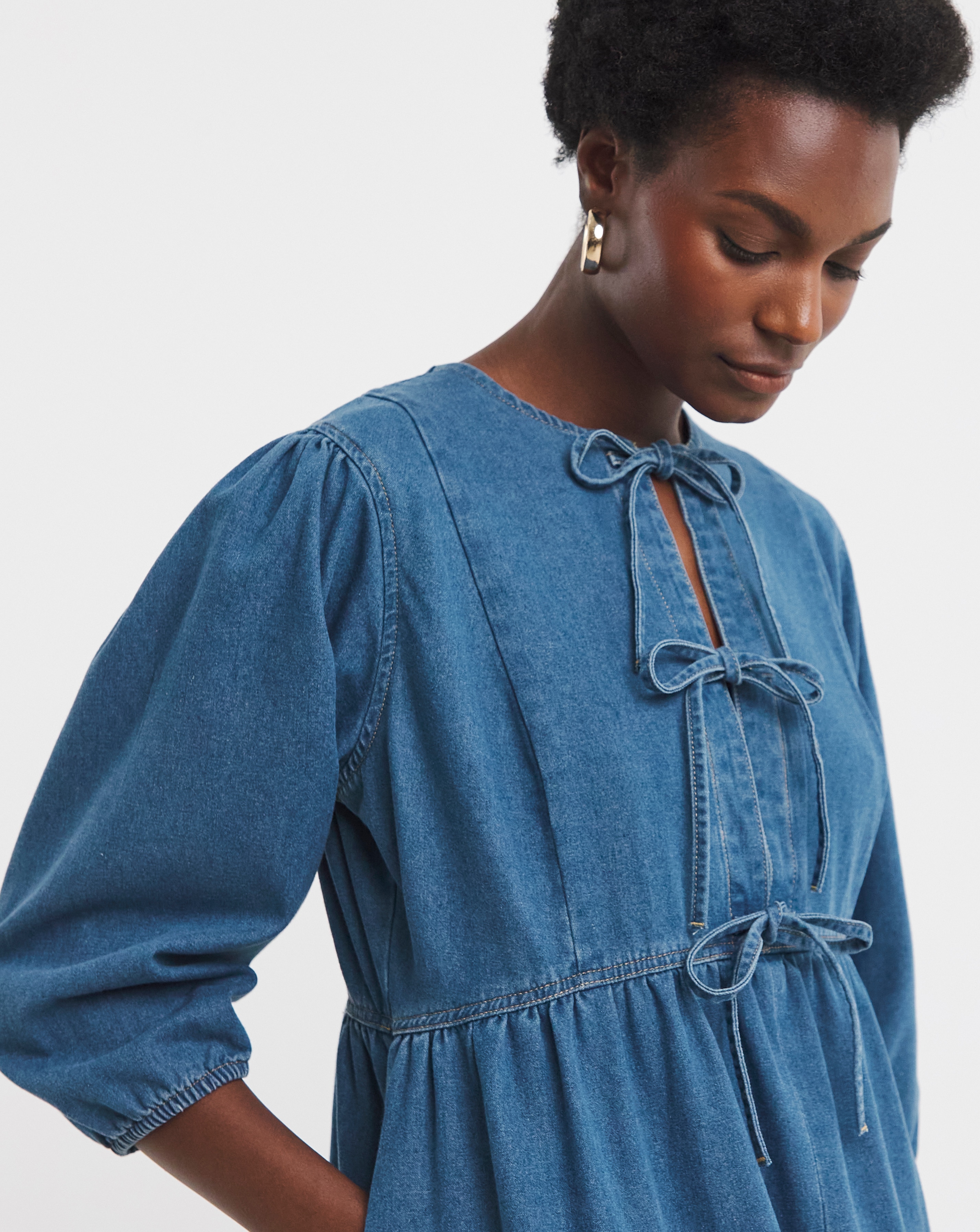 Blue Peplum Puff Sleeve Denim Dress | JD Williams