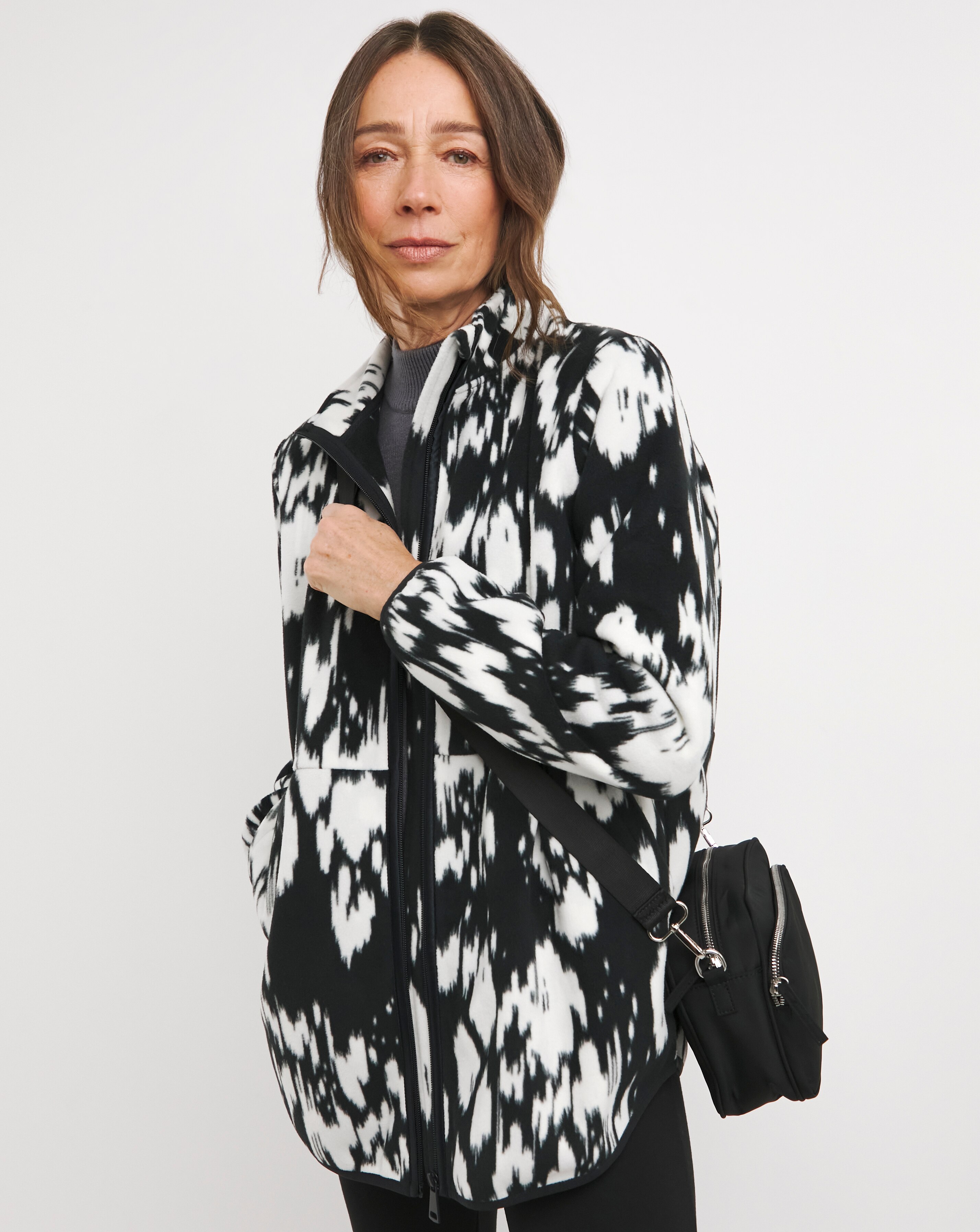 Mono Print Fleece Longline Zip Through Jacket | JD Williams