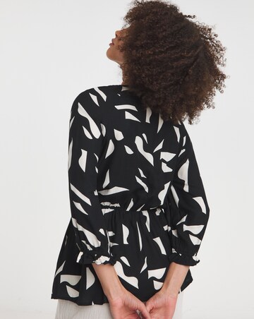 Mono Print Shirred Bodice V Neck Top