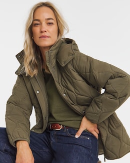 Khaki Short Hooded Quilted Jacket