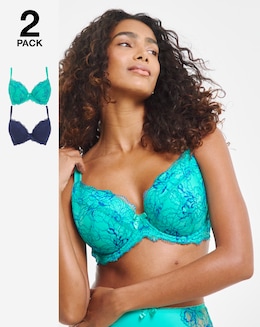 Pretty Secrets (2 Pack) Ella Lace Padded Plunge Wired Bras (B-F ) Aqua/Blue