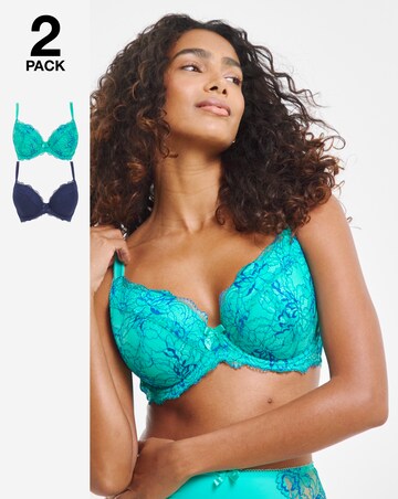 Pretty Secrets (2 Pack) Ella Lace Padded Plunge Wired Bras (B-F ) Aqua/Blue