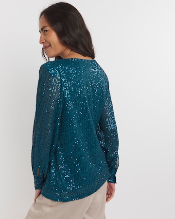 Teal Sequin Slash Neck Volume Sleeve Top