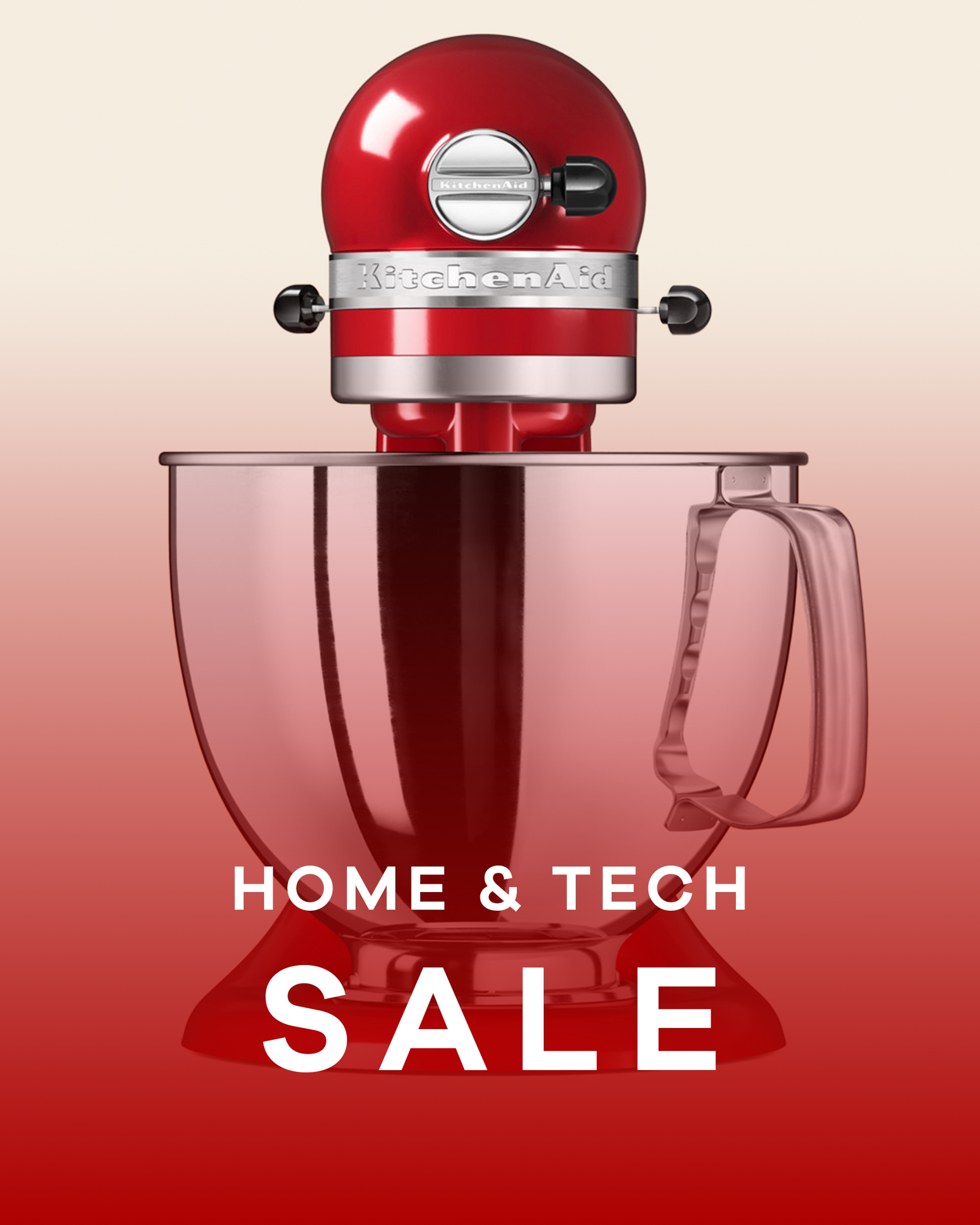 Home & tech sale text overlaid on a food mixer with a red overlay on the image