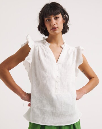 White Cheesecloth Frill Sleeve Top