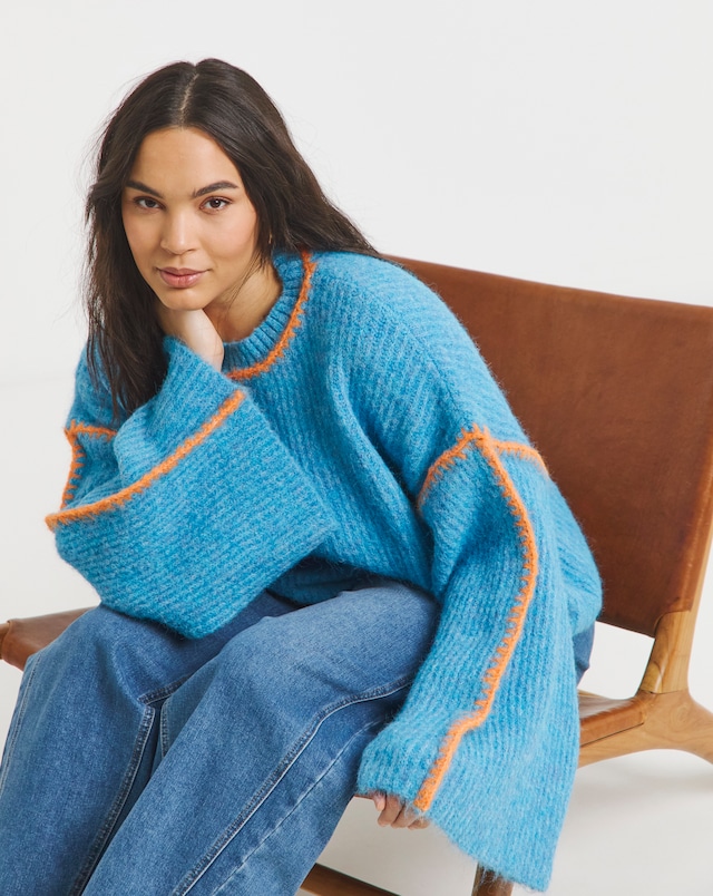 Native Youth Mohair Like Bell Sleeve Jumper With Contrast Stitch Detail