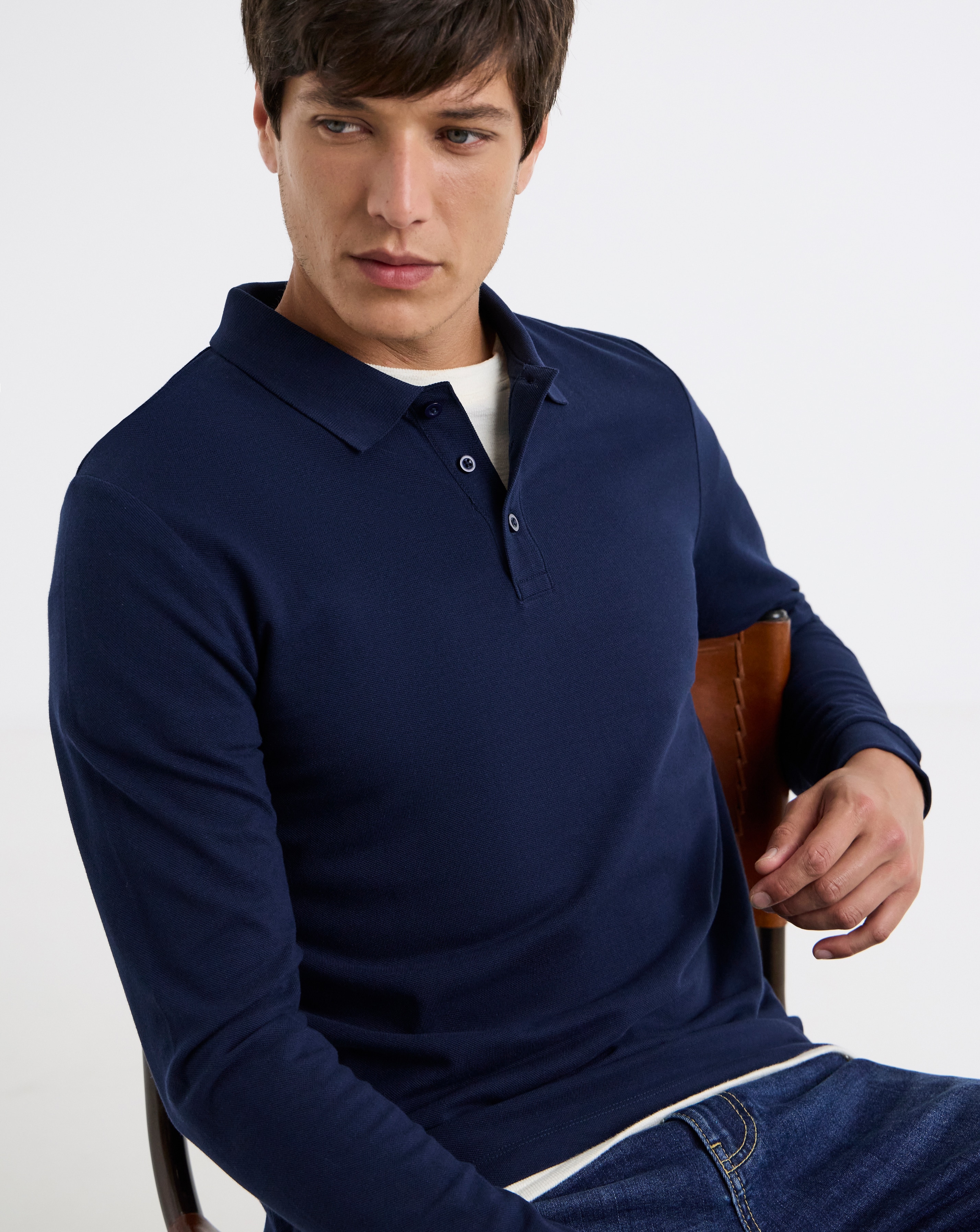 Pure Cotton Long Sleeve Pique Polo Long Length- Navy | JD Williams