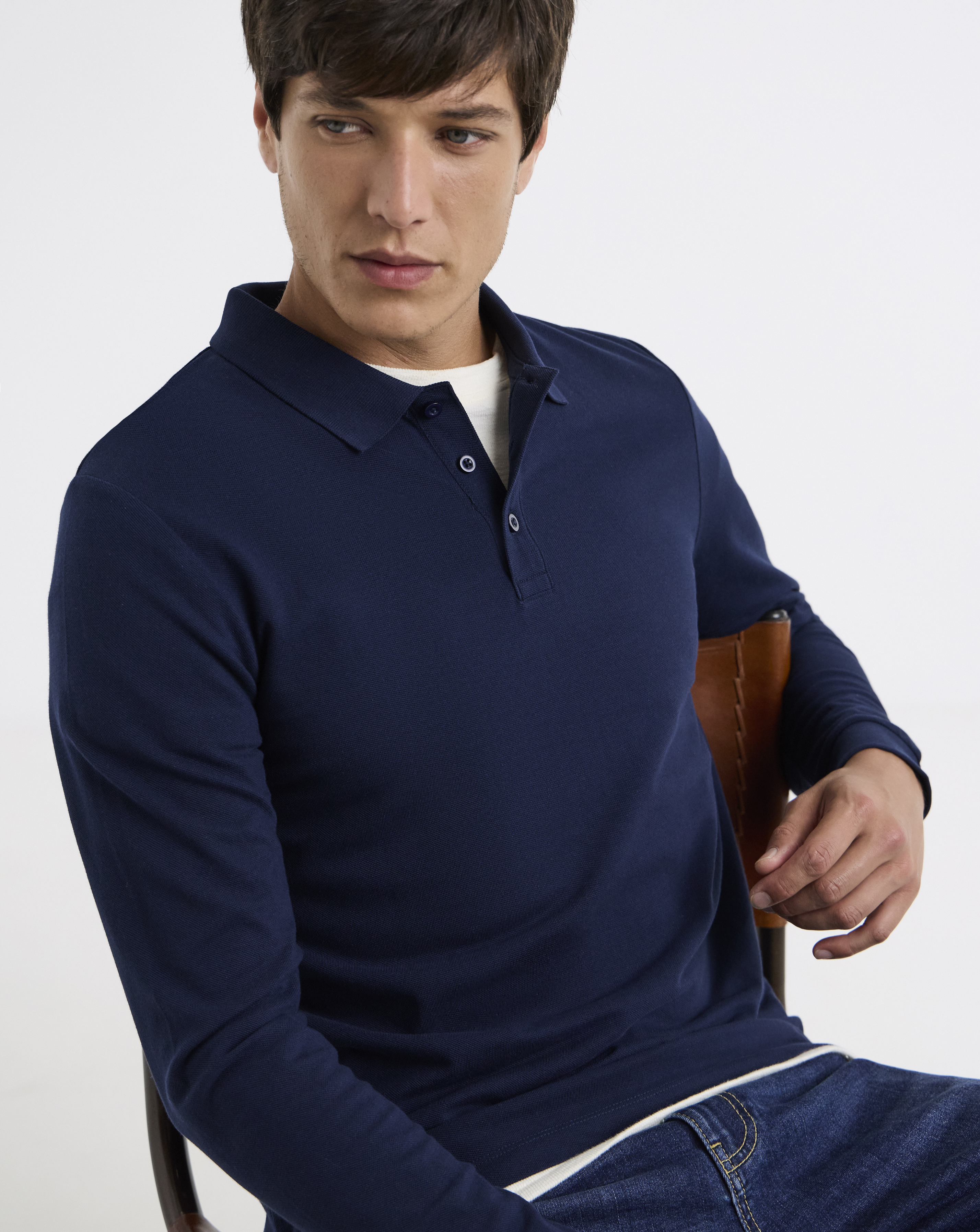 Pure Cotton Long Sleeve Pique Polo Long Length- Navy